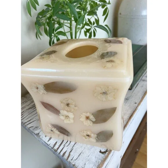 Vintage Cream Acrylic Dried Flowers Tissue Box & Soap Dish Bathroom Set / Retro - Picture 4 of 9